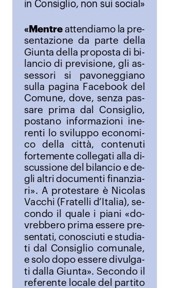 NICOLAS VACCHI (FDI): ATTO GRAVE, LA GIUNTA FA PROPAGANDA SU FACEBOOK E SOLO DOPO (FORSE?) PRESENTA LO SCHEMA DEI LAVORI PUBBLICI AL CONSIGLIO COMUNALE