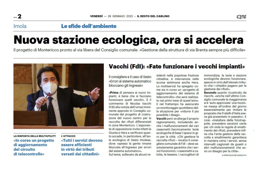 NICOLAS VACCHI (FDI): STAZIONI ECOLOGICA NUOVA IN CITTÀ? FATE FUNZIONARE I VECCHI IMPIANTI.