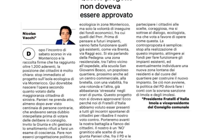 NICOLAS VACCHI (FDI): NO ALLA STAZIONE ECOLOGICA DI VIA MONTERICCO, DOPO LE UNA PARTECIPAZIONE DI MASSA DEI CITTADINI, SI FACCIA UN PASSO INDIETRO SULL’IMPIANTO