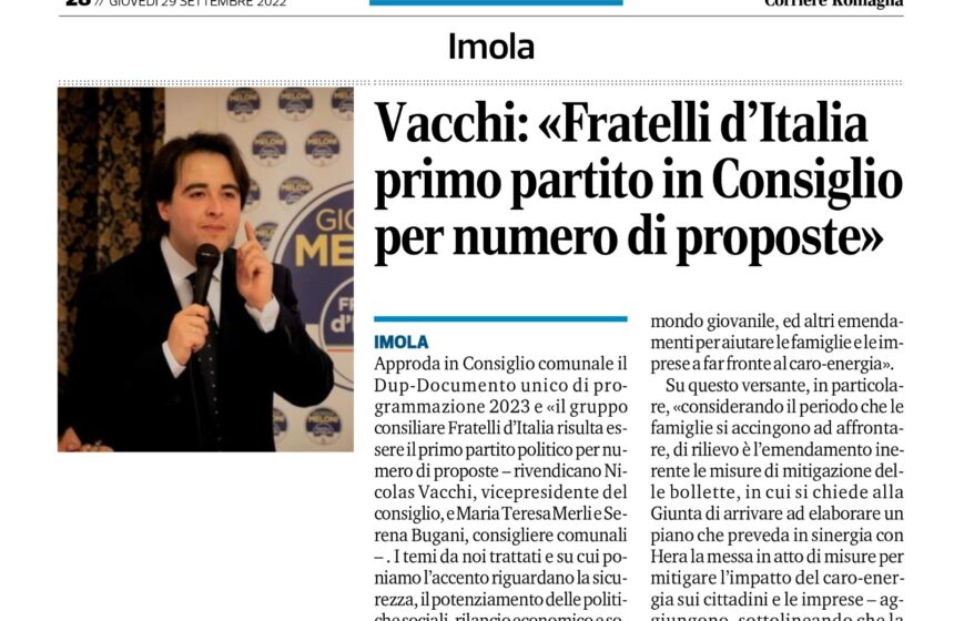 VACCHI: FRATELLI D’ITALIA IMOLA PRIMO GRUPPO POLITICO PER NUMERO DI PROPOSTE AL DOCUMENTO UNICO DI PROGRAMMAZIONE.