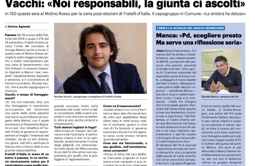 NICOLAS VACCHI (FDI): NOI RESPONSABILI, LA GIUNTA ASCOLTI LE NOSTRE PROPOSTE. QUESTA SERA LA CENA POST ELEZIONI DI FRATELLI D’ITALIA. IL CAPOGRUPPO VACCHI: LA SINISTRA HA DELUSO GLI ELETTORI.