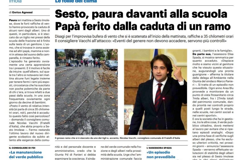 NICOLAS VACCHI (FDI): SESTO IMOLESE, CADONO I RAMI DEGLI ALBERI DELLA SCUOLA IN TESTA ALLA GENTE. TRAGEDIA SFIORATA? IL SINDACO PANIERI (PD) MANTENGA LE PROMESSE SULLA NUOVA SCUOLA