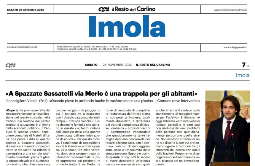 NICOLAS VACCHI (FDI): A SPAZZATE SASSATELLI STRADE DA TERZO MONDO. IL SINDACO PANIERI MANTENGA LE PROMESSE.