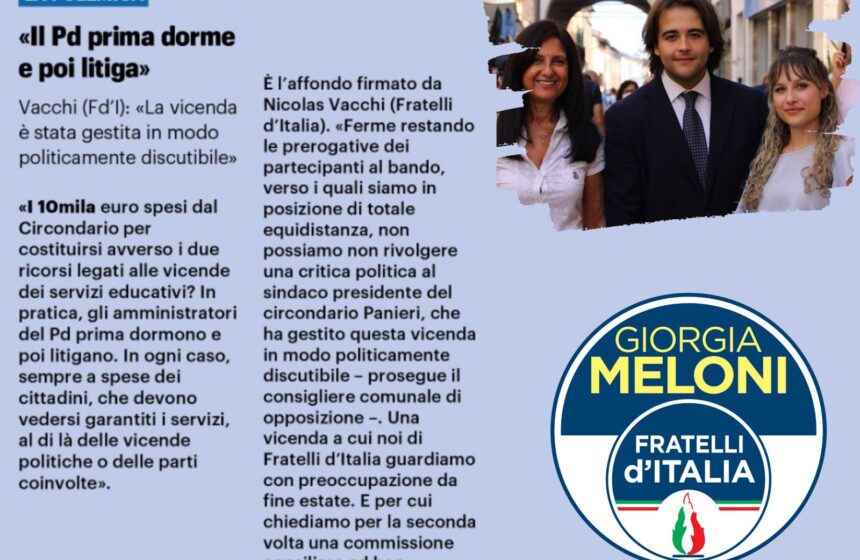 NICOLAS VACCHI (FDI): SULLA VICENDA DELLA GESTIONE DEI SERVIZI EDUCATIVI, IL COMUNE PRIMA HA DORMITO ED ORA SPENDE SOLDI PUBBLICI PER COSTITUIRSI AL TAR, LA PRIORITÀ SAREBBE GARANTIRE LA CONTINUITÀ EDUCATIVA, CONVOCARE SUBITO UNA COMMISSIONE PER FARE CHIAREZZA.