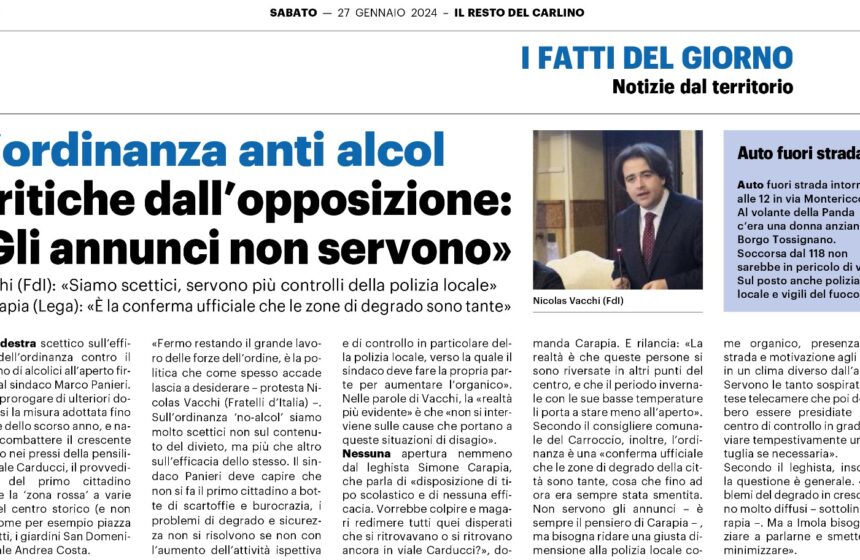 VACCHI (FDI): PANIERI FA LE ORDINANZE CONTRO IL DEGRADO? I PROBLEMI NON SI RISOLVONO CON LA BUROCRAZIA, LA POLITICA FACCIA LA SUA PARTE.