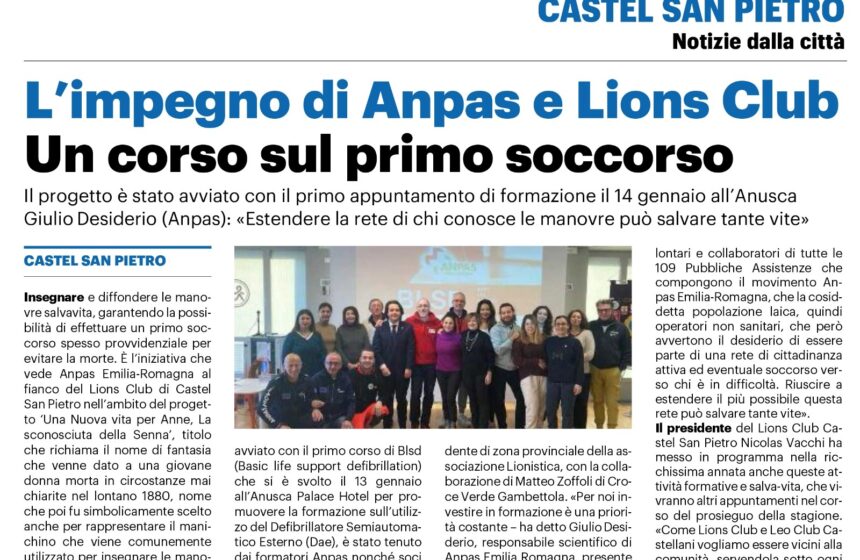 Lions Club Castel San Pietro Terme e Anpas Emilia Romagna investono sulla formazione dei giovani per diffondere competenze salva-vita