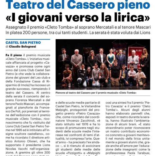 LIONS CLUB GRANDE PARTECIPAZIONE AL TEATRO COMUNALE DI CASTEL SAN PIETRO PER I PROGETTI DI SERVICE DEI LIONS “CLETO TOMBA” E “CAVAZZA”.