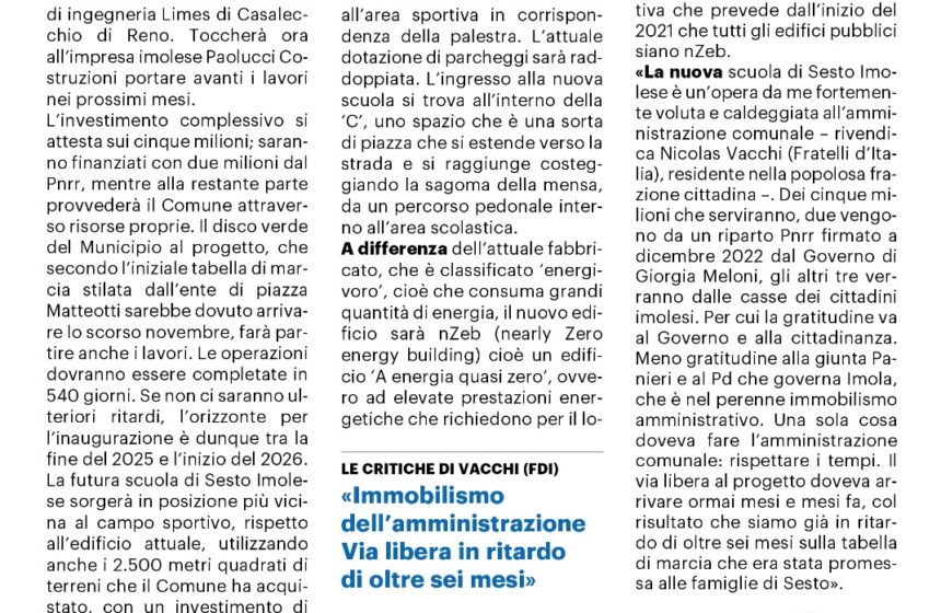 SESTO IMOLESE- NICOLAS VACCHI (FDI): LA NUOVA SCUOLA DI SESTO IMOLESE, IL GOVERNO CI HA MESSO PARTE DEI SOLDI, MA IL COMUNE È GIÀ IN RITARDO DI SEI MESI. MENO PROMESSE E PIÙ FATTI.