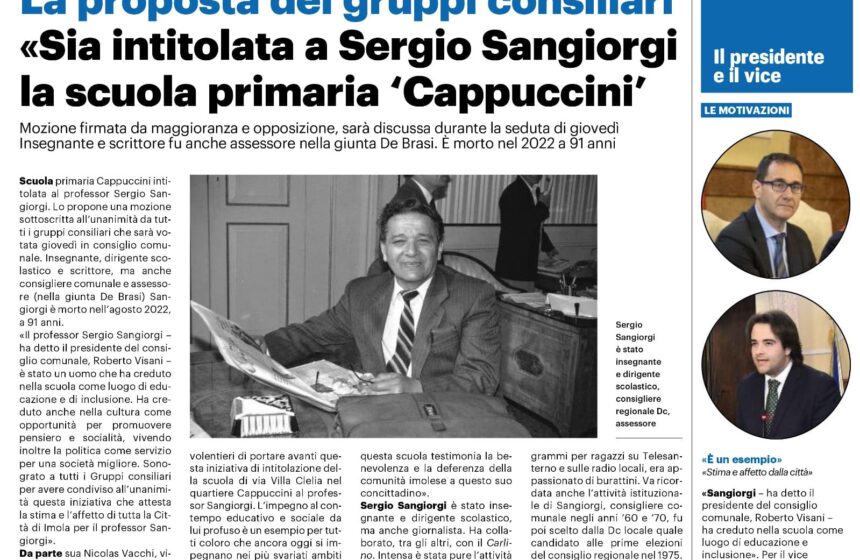 VACCHI: INTITOLAZIONE A SERGIO SANGIORGI DELLA SCUOLA CAPPUCCINI