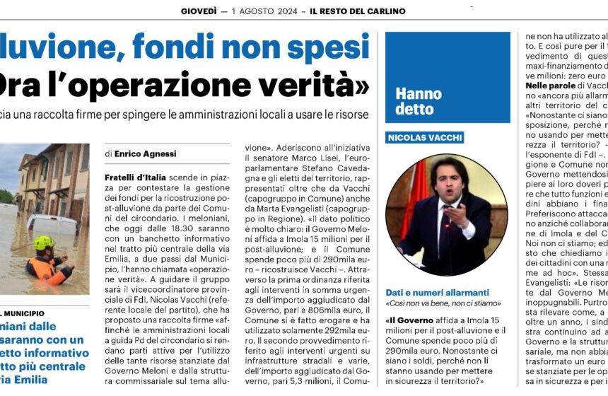 FRATELLI D’ITALIA CIRCONDARIO IMOLESE IN PIAZZA COI PARLAMENTARI E GLI ELETTI, PETIZIONE SUI FONDI POST ALLUVIONE. VACCHI ED EVANGELISTI: IL GOVERNO MELONI ASSEGNA I FONDI MA I COMUNI A GUIDA PD NON LI USANO. OPERAZIONE VERITÀ.