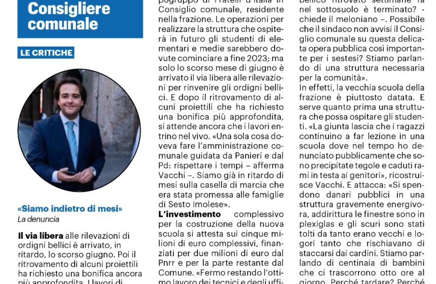 NICOLAS VACCHI (FDI): RISCHIO ULTERIORI RITARDI PER LA SCUOLA DI SESTO IMOLESE?  I LAVORI DEVONO ASSOLUTAMENTE RIPARTIRE A SETTEMBRE.  PANIERI SI SVEGLI, A SESTO VOGLIAMO I FATTI.