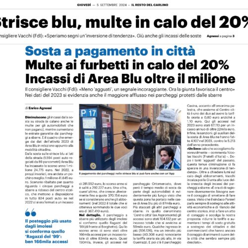 NICOLAS VACCHI (FDI): SONO AUMENTATI GLI INCASSI SUI PARCHEGGI, AREA BLU SMETTA DI FAR CASSA. BISOGNA RIDURRE LE TARIFFE A SOSTEGNO DI CENTRO STORICO E ATTIVITÀ ECONOMICHE.