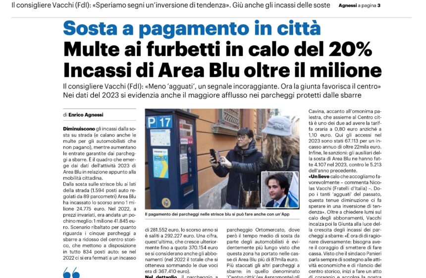 NICOLAS VACCHI (FDI): SONO AUMENTATI GLI INCASSI SUI PARCHEGGI, AREA BLU SMETTA DI FAR CASSA. BISOGNA RIDURRE LE TARIFFE A SOSTEGNO DI CENTRO STORICO E ATTIVITÀ ECONOMICHE.