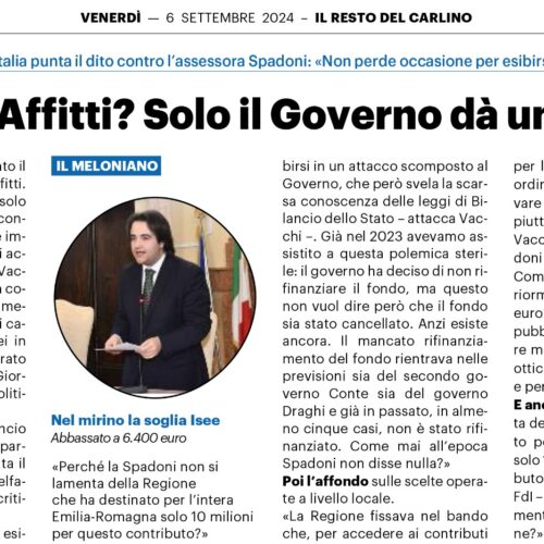 NICOLAS VACCHI (FDI): Spadoni sveglia! il Governo Meloni non ha cancellato il fondo di supporto per gli affitti. Mentre la Regione ci mette solo due spicci, e Comune e Circondario riducono la soglia isee impedendo a molte famiglie di accedere al fondo!