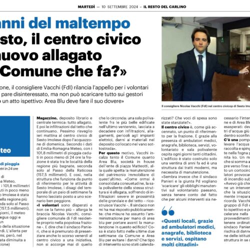 NICOLAS VACCHI (FDI): DUE SETTIMANE FA INFILTRAZIONI D’ACQUA, OGGI ALLAGAMENTO AL CENTRO CIVICO DI SESTO. MANCA LA MANUTENZIONE? E IL SINDACO DORME?