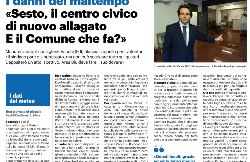 NICOLAS VACCHI (FDI): DUE SETTIMANE FA INFILTRAZIONI D’ACQUA, OGGI ALLAGAMENTO AL CENTRO CIVICO DI SESTO. MANCA LA MANUTENZIONE? E IL SINDACO DORME?