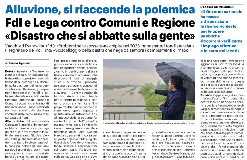 Nicolas Vacchi Capogruppo Fratelli d’Italia Imola e Coordinatore dell’imolese e Marta Evangelisti capogruppo in regione Emilia Romagna sull’allerta meteo nel territorio del circondario imolese.