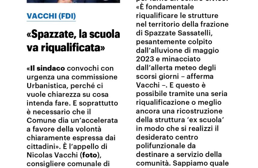 NICOLAS VACCHI (FDI): SPAZZATE SASSATELLI, NUOVO CENTRO POLIVALENTE, LA GIUNTA ASCOLTI LE RICHIESTE DEI CITTADINI