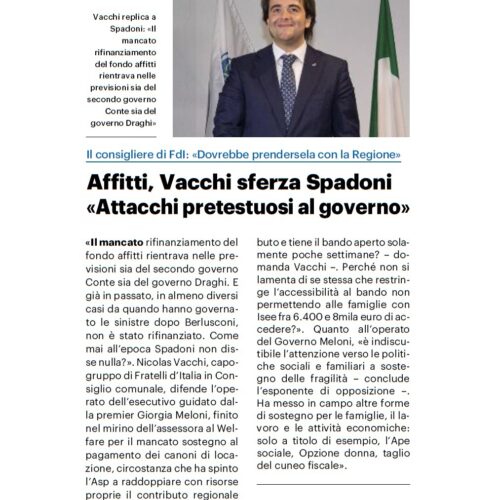 NICOLAS VACCHI (FDI): WELFARE, TRE MESI DOPO LA STESSA LITANIA DELLA SPADONI SUL FONDO AFFITTI. DAL GOVERNO MELONI FATTI CONCRETI, DAL PD COMUNALE E REGIONALE RIDUZIONI E SPICCIOLI.