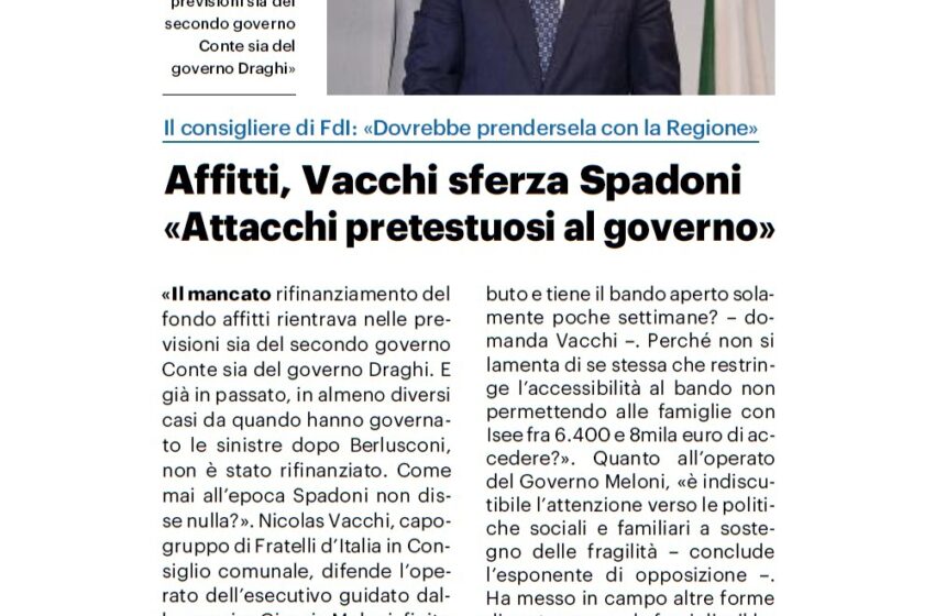 NICOLAS VACCHI (FDI): WELFARE, TRE MESI DOPO LA STESSA LITANIA DELLA SPADONI SUL FONDO AFFITTI. DAL GOVERNO MELONI FATTI CONCRETI, DAL PD COMUNALE E REGIONALE RIDUZIONI E SPICCIOLI.