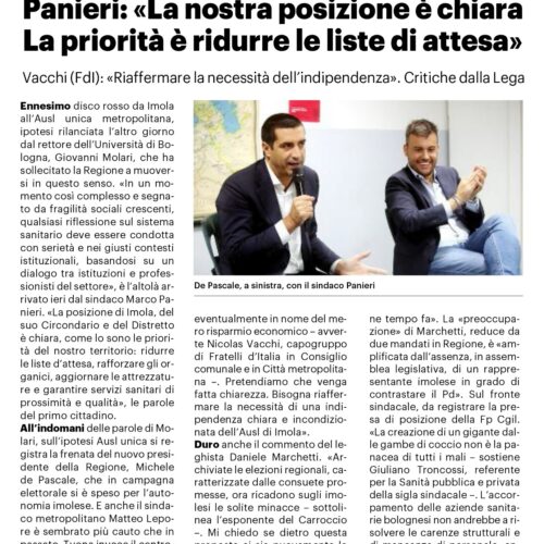 NICOLAS VACCHI (FDI): SIAMO PER L’AUTONOMIA ASL DI IMOLA E VOGLIAMO CHIAREZZA DA DE PASCALE IN REGIONE E PANIERI IN COMUNE.