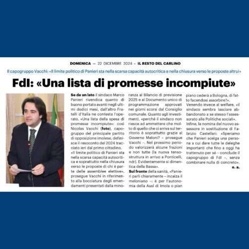 NICOLAS VACCHI (FDI): INTERVISTA DI FINE ANNO DEL SINDACO PANIERI? UNA LISTA DI PROMESSE NON MANTENUTE.