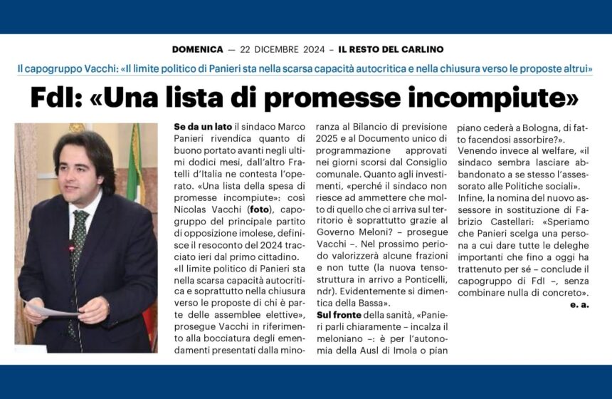 NICOLAS VACCHI (FDI): INTERVISTA DI FINE ANNO DEL SINDACO PANIERI? UNA LISTA DI PROMESSE NON MANTENUTE.